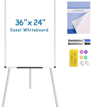 VIZ-PRO Whiteboard Easel, 36 x 24 Inches, Portable Dry Erase Board Height Adjustable With Flipchart Pad